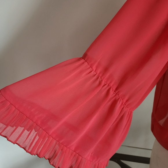 Wendy Katlen Sheer Orange Blouse With Flared Ruffled Sleeves Size Medium - Picture 7 of 11